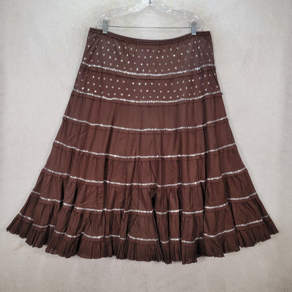 NWT Sweet Lady Brown Cotton Tiered Ruffle Sequin Pull On Low Waist Flowy Midi